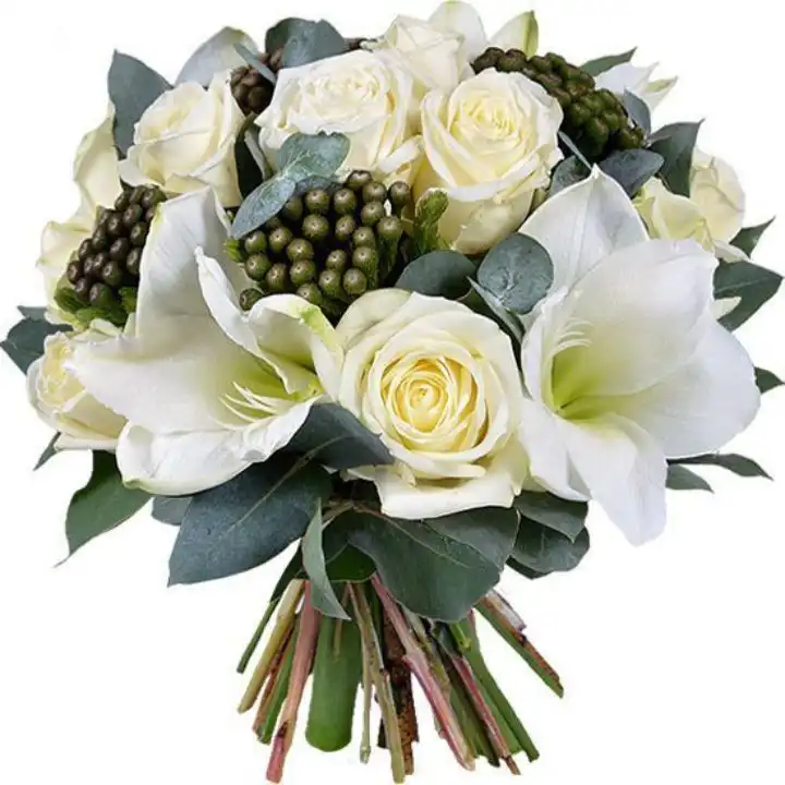 Majestic Serenity: White Amaryllis & Rose Bouquet 1 A stunning white amaryllis bouquet mixed with delicate roses and greenery, perfect for elegant wedding celebrations.