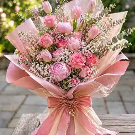 Peonies and Tulips Bouquet with Gypsophila