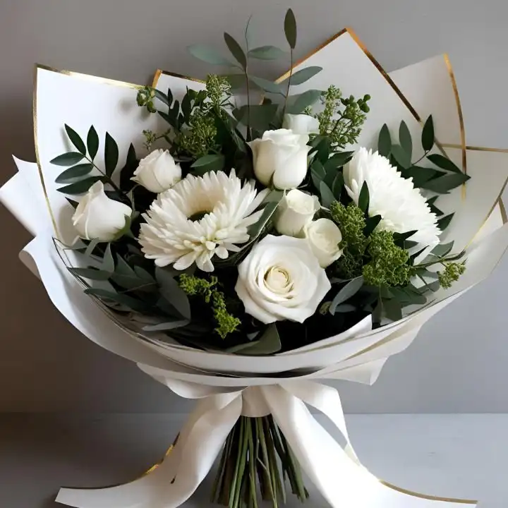 White Rose and Gerbera Bouquet 1 White Rose and Gerbera Bouquet featuring fresh hand-tied blooms