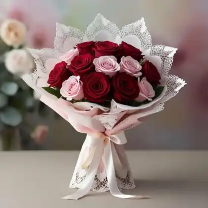 A fresh hand-tied bouquet featuring vibrant light pink and red roses wrapped in elegant white lace.