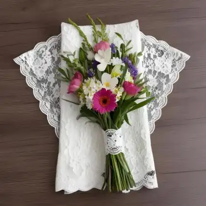 Hand-tied Lily and Gerbera daisy Bouquet with pink petals and lavender sprigs wrapped in elegant white lace.