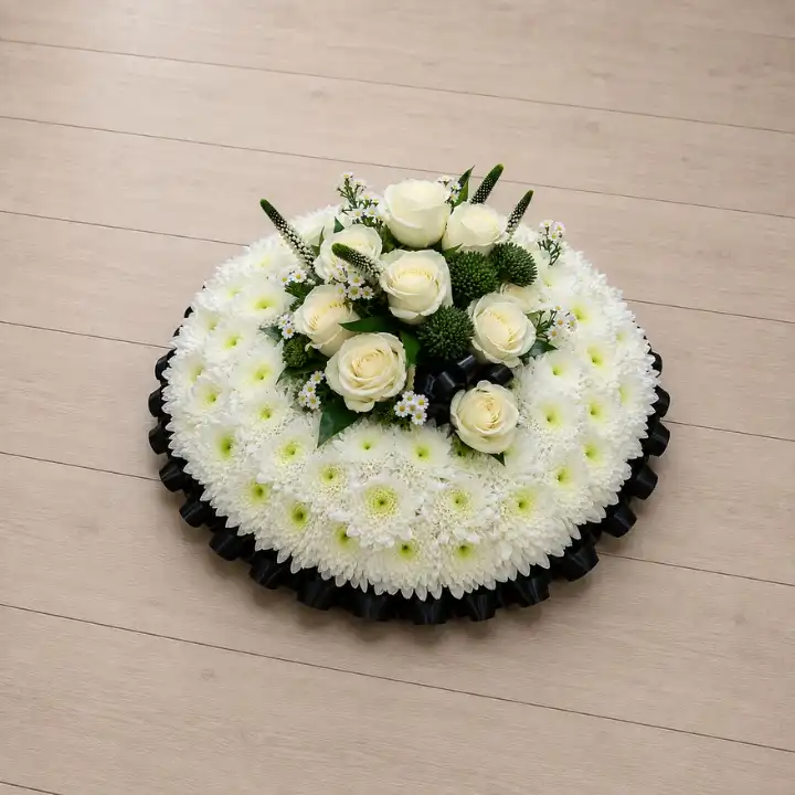 Elegant White Chrysanthemum and Cream Rose Posy Pad 1 Elegant White Chrysanthemum and Cream Rose Posy Pad with green thistle and Speedwell spikes