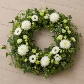Elegant White Dahlias, Lisianthus & Ivy Memorial Wreath