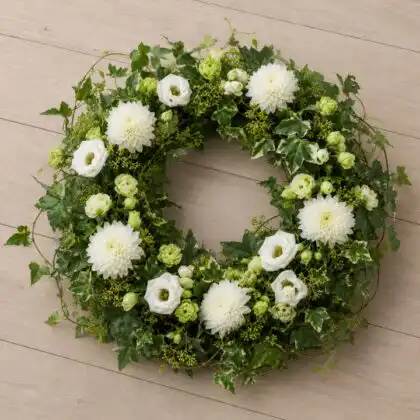 Elegant White Dahlias, Lisianthus & Ivy Memorial Wreath with green Ranunculus
