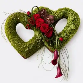 Moss Green and Red Rose Entwined Hearts Tribute