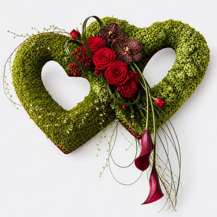 Moss Green and Red Rose Entwined Hearts Tribute 1 entwined heart funeral flower