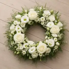 All White Rose & Lisianthus Funeral Wreath