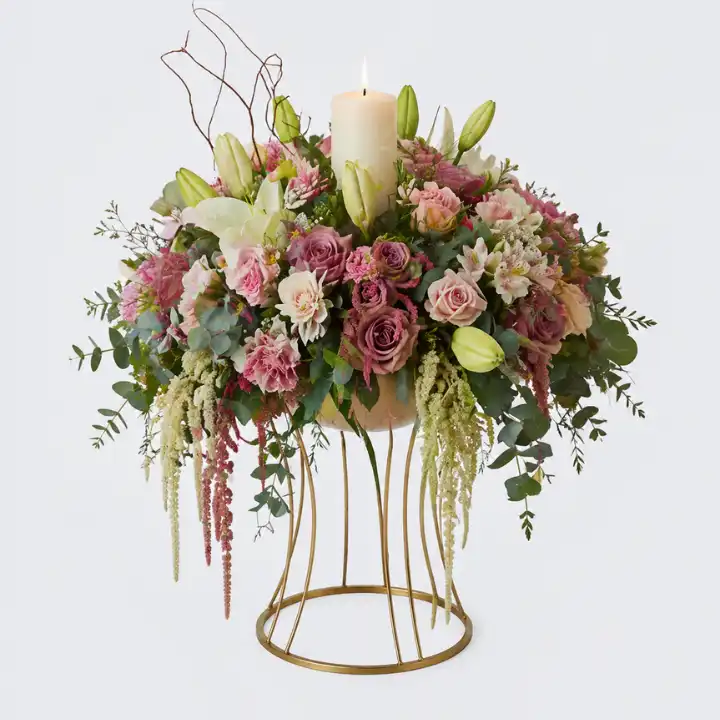 Luxury Pink Orchid and Rose Candle Floral Arrangement 1 Candle Floral Arrangement