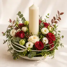 White Rose and Pillar Candle Wreath Centrepiece