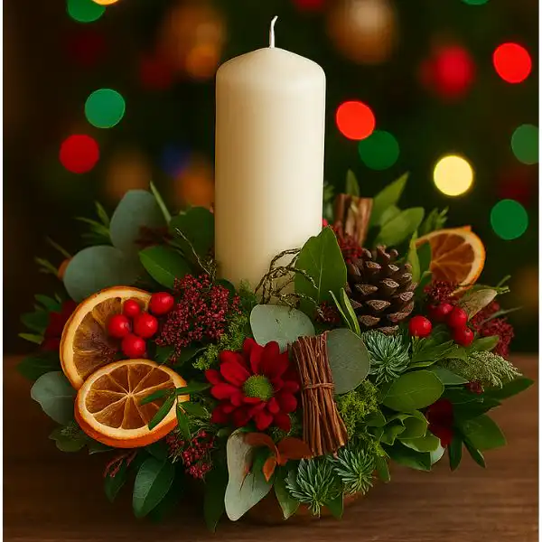 Luxury Christmas candle Table Arrangements 1 An opulent display of Luxury Christmas candle Table Arrangements, featuring tall white candle