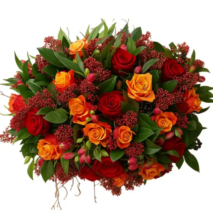 Luxury Autumn Roses Hand Tied 1 Luxury autumn roses hand tied bouquet with vibrant red/orange roses, dark red hypericum berries, and rich green foliage.