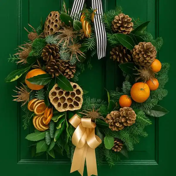 Modern Christmas door wreath 1 A stylish, minimalist Modern Christmas door wreath with gold hoops and delicate eucalyptus, giving a contemporary holiday look.