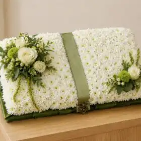 Open Book Funeral Tribute with Orange and Yellow Chrysanthemums