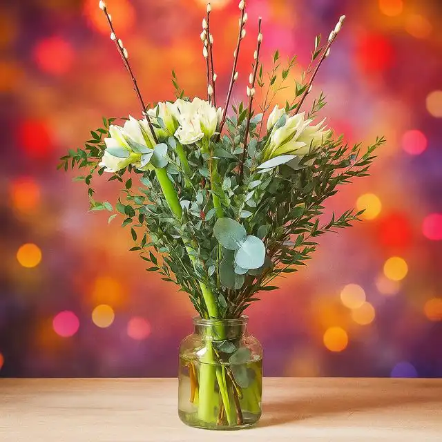 A beautiful white flower arrangements for Christmas featuring Amaryllis blooms, green eucalyptus, and natural willow sticks in a clear glass vase. White Amaryllis Bouquet for sale