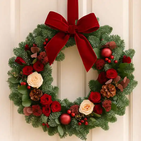 Traditional Christmas Door Wreath 1 A classic, handcrafted Traditional Christmas Door Wreath featuring pinecones, red berries, and a vibrant velvet bow, perfect for holiday decor.