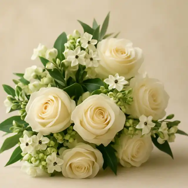 Close-up of a luxurious white rose hand tied bouquet featuring creamy roses and small white and green filler flowers. Christmas flowers delivered. Christmas flower delivery Glasgow