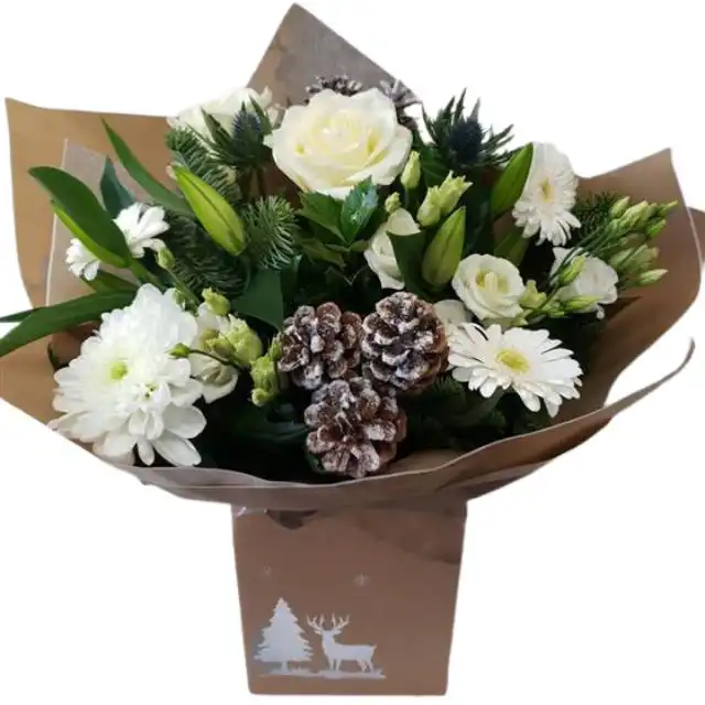 Luxury Christmas flower bouquet 1 A large luxury Christmas flower bouquet with red roses, orange autumn leaves, red berries, and eucalyptus, presented in a box tied with a rich red velvet bow. Luxury Christmas flower bouquet for sale