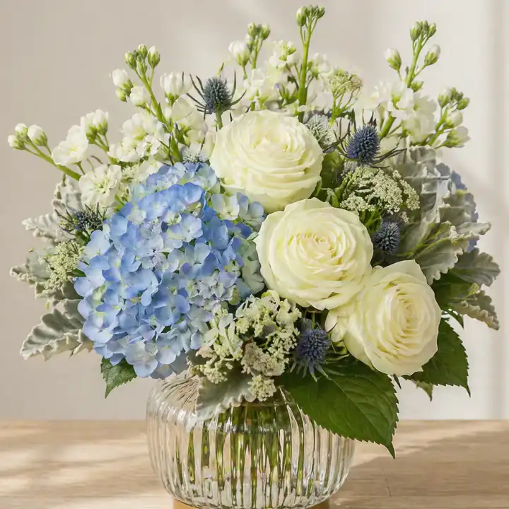 Velvet Blue Hydrangea & Rose Bliss 1 blue hydrangea and rose bouquet