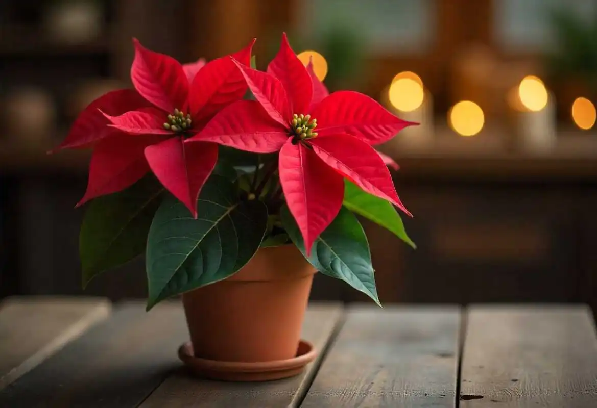 December Birth Flower:The Beauty of Narcissus and Poinsettia 2 A vibrant red Poinsettia plant in a rustic terracotta pot on a wooden table, often considered the second official December Birth Flower.
