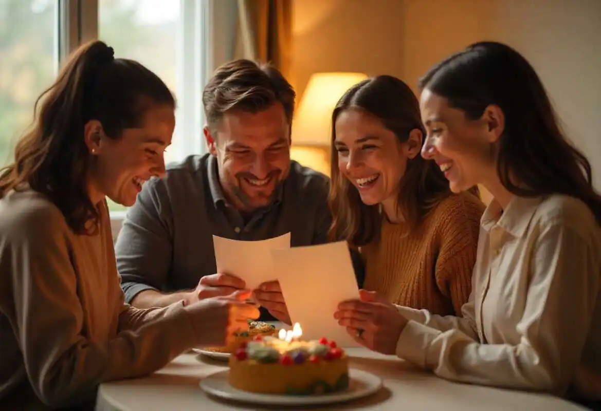 What To Write On A Birthday Card 2 A group of smiling friends or family members reading cards around a birthday cake, illustrating the joy of receiving a thoughtful note, focusing on What to Write on a Birthday Card.