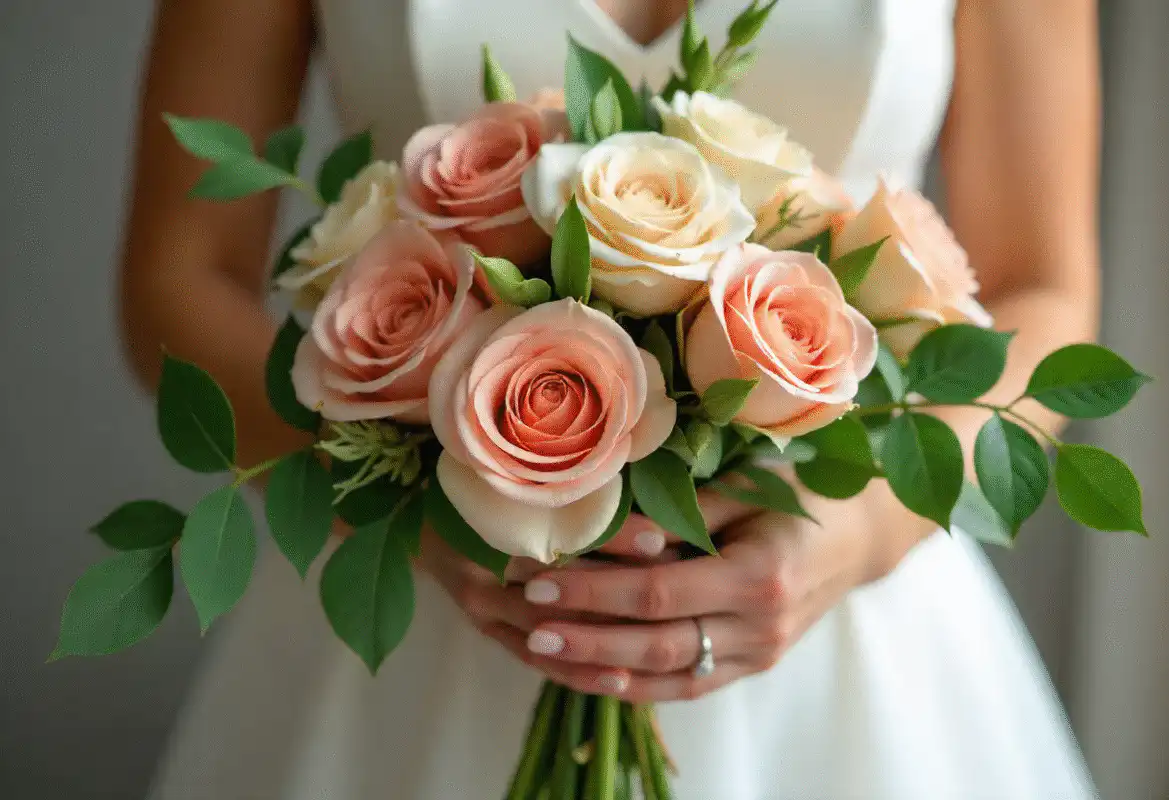 How to Make Your Own Flower Bouquets for a Wedding: A Complete Step-by-Step Guide 3 A professionally finished, round wedding bouquet featuring pink and white roses with eucalyptus, showcasing the technique for How to Make Your Own Flower Wedding Bouquet.
