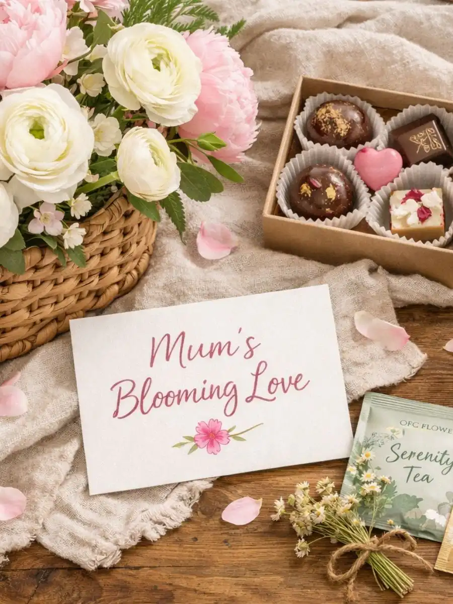 Elegant Mother's Day decorations featuring a central floral arrangement with pastel roses and peonies on a wooden table.