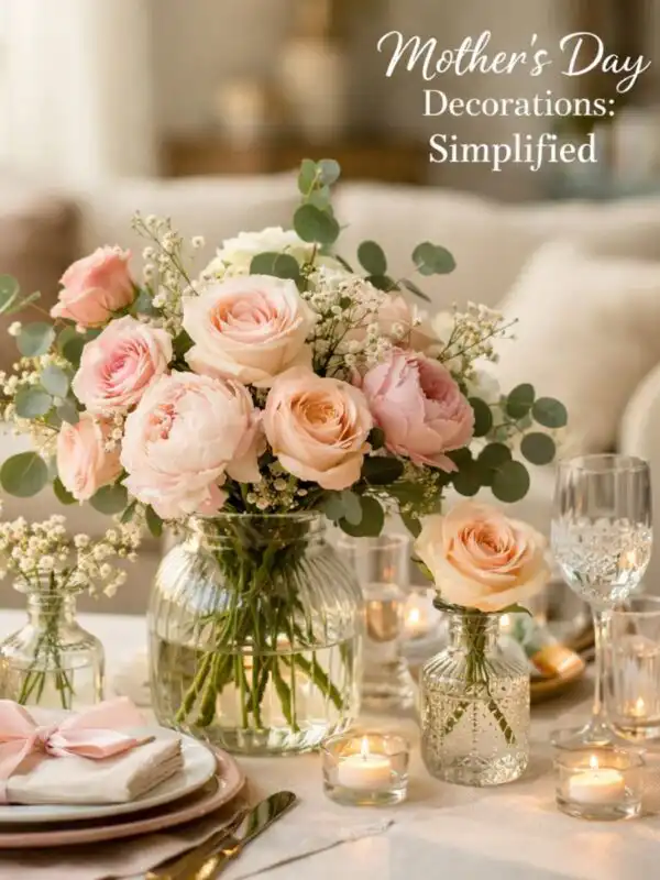 Elegant Mother's Day decorations featuring a central floral arrangement with pastel roses and peonies on a wooden table.
