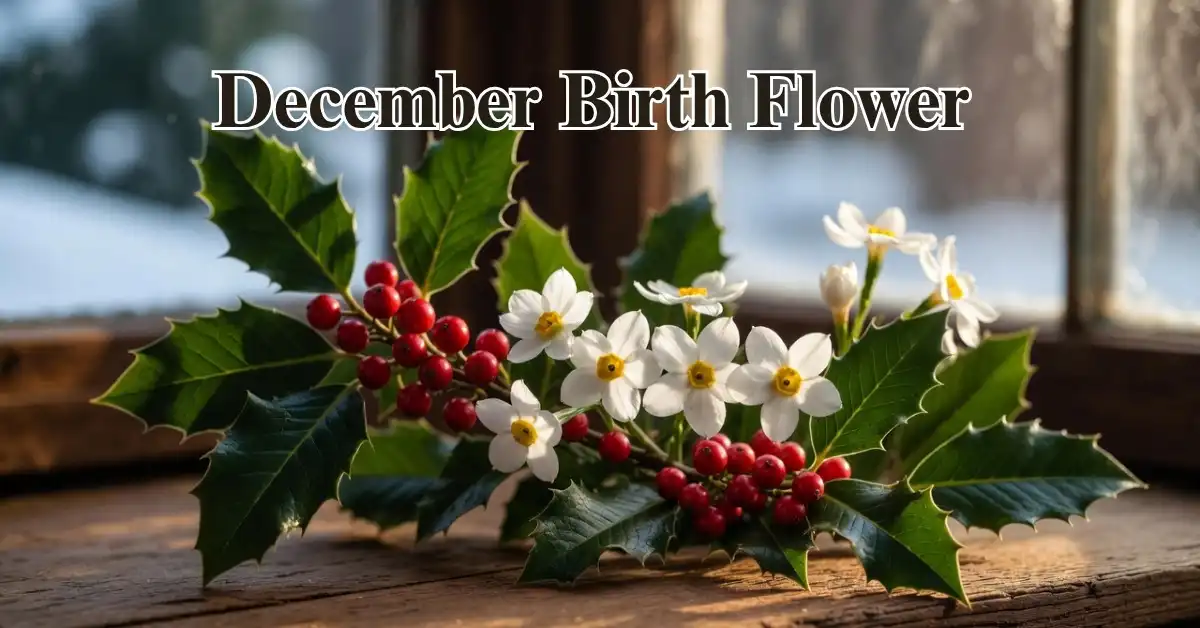Festive red holly berries and elegant white narcissus blooms representing the traditional december birth flower.