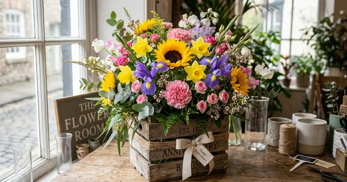 Anniversary flowers by year UK bouquet with carnations sunflowers irises daffodils in crate for wedding milestones