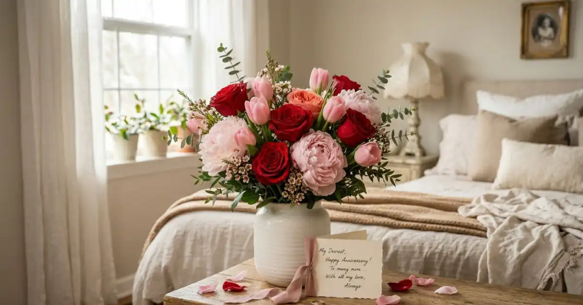 Luxury red roses and pink peonies anniversary bouquet for wife UK delivery
