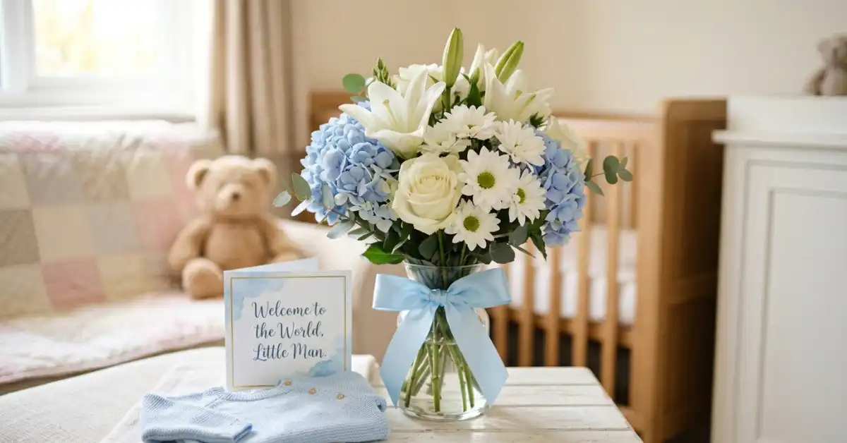 Light blue white hydrangeas lilies baby boy flowers bouquet