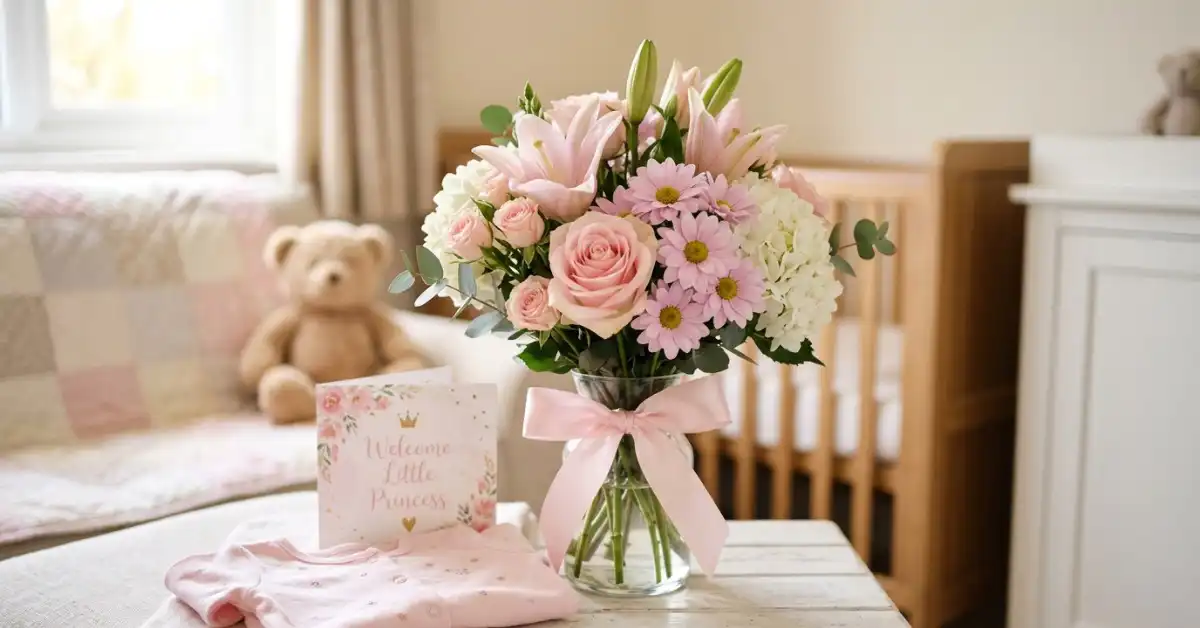 Soft pink pastel bouquet for baby girl congratulations