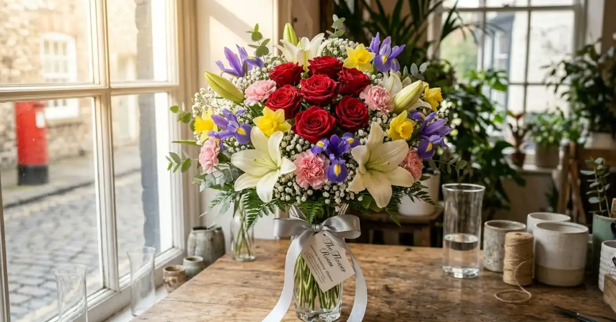 Best anniversary flowers bouquet with roses lilies carnations daffodils irises UK florist
