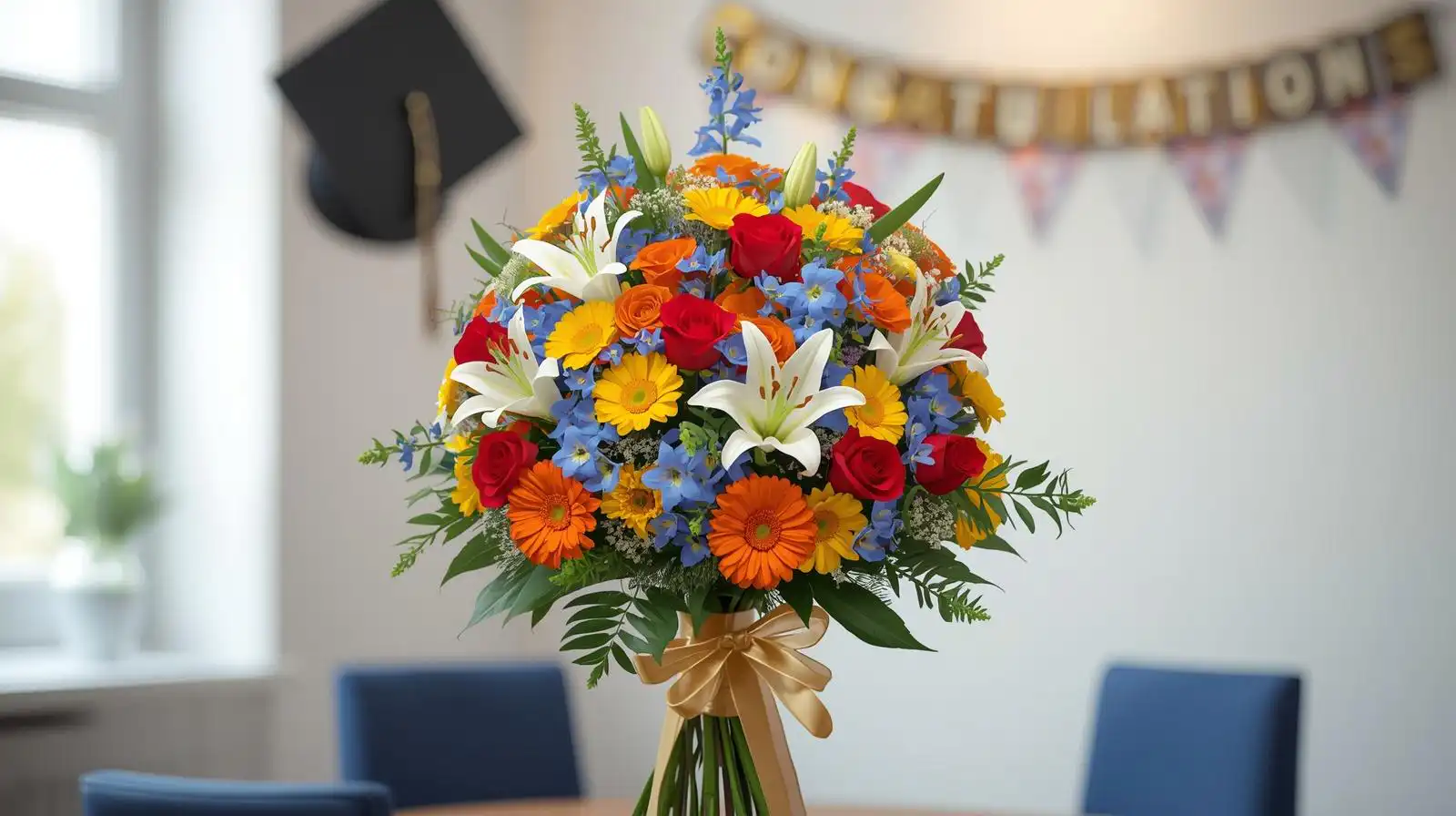 Roses gerberas lilies delphiniums graduation flowers bouquet