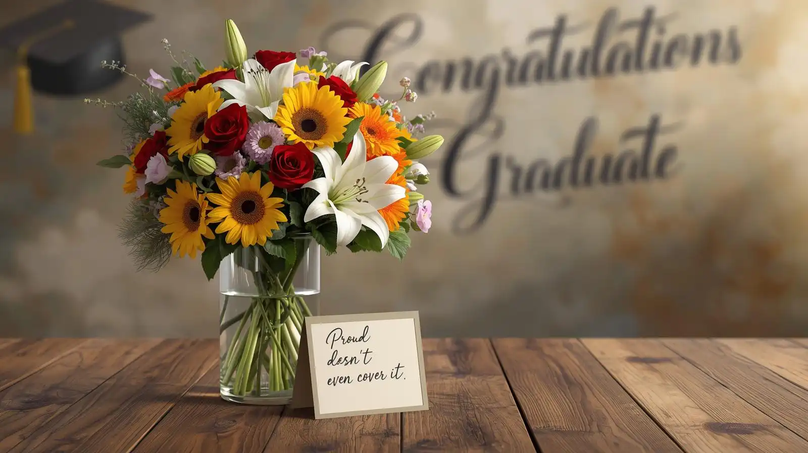 Mixed roses sunflowers lilies graduation bouquet with handwritten message card