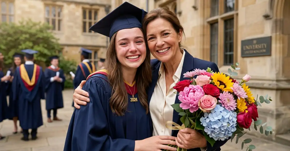 Pink roses peonies sunflowers graduation bouquet from proud mum to daughter