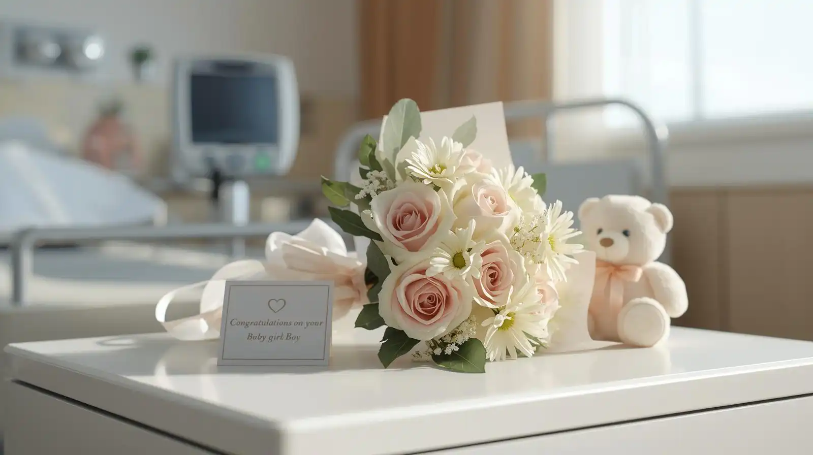 Soft pastel baby flowers for new mum in hospital bed
