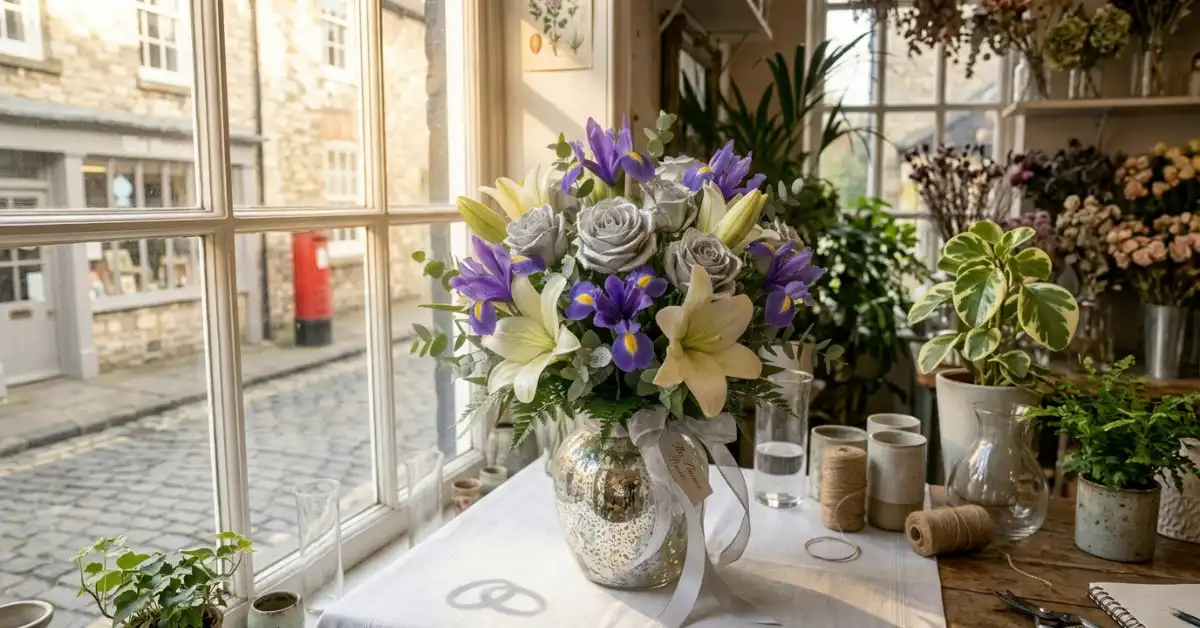 Luxury purple irises white lilies silver anniversary flowers UK 25th bouquet