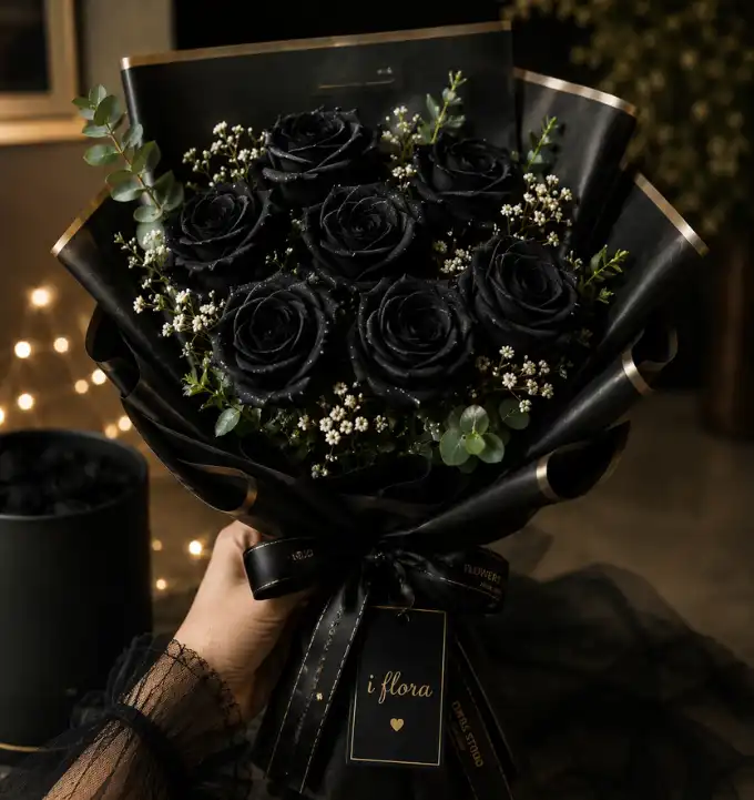 Stunning Dark Elegance Black Roses Bouquet 3 7 Black Roses Bouquet